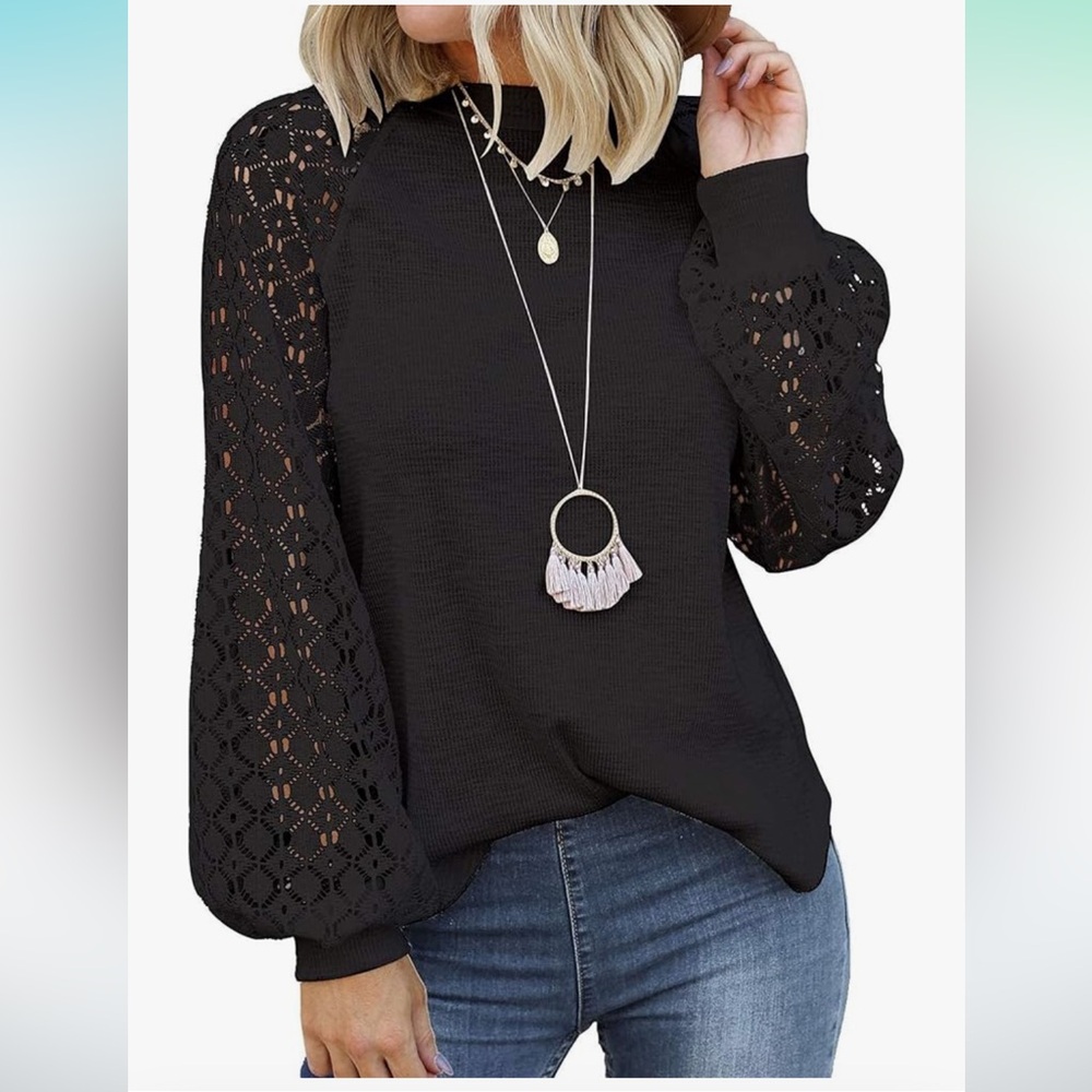 Women’s Black waffle knit top with lace sleeves